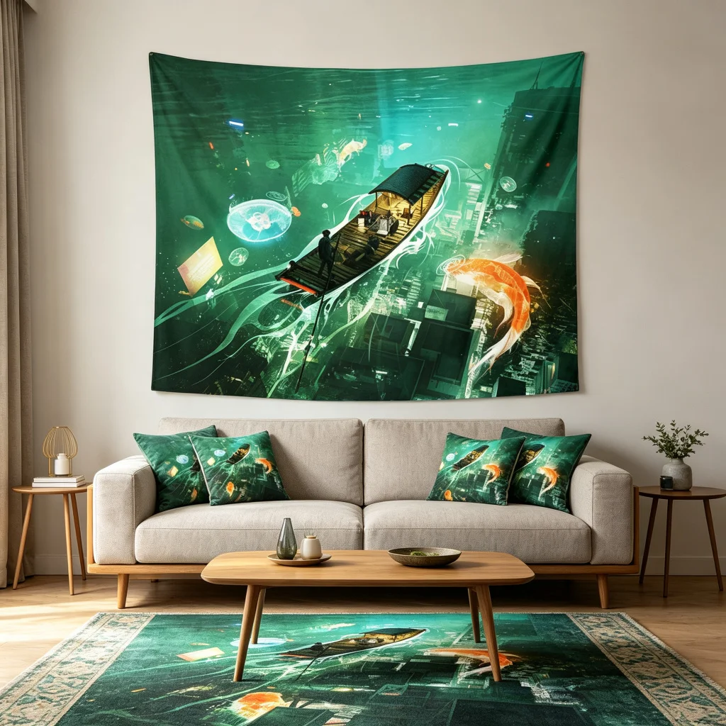 1PC Underwater City Boat Art Print Backdrop Banner, Bedroom Living Room Photo Background, Polyester, Home Decor, Wall Art