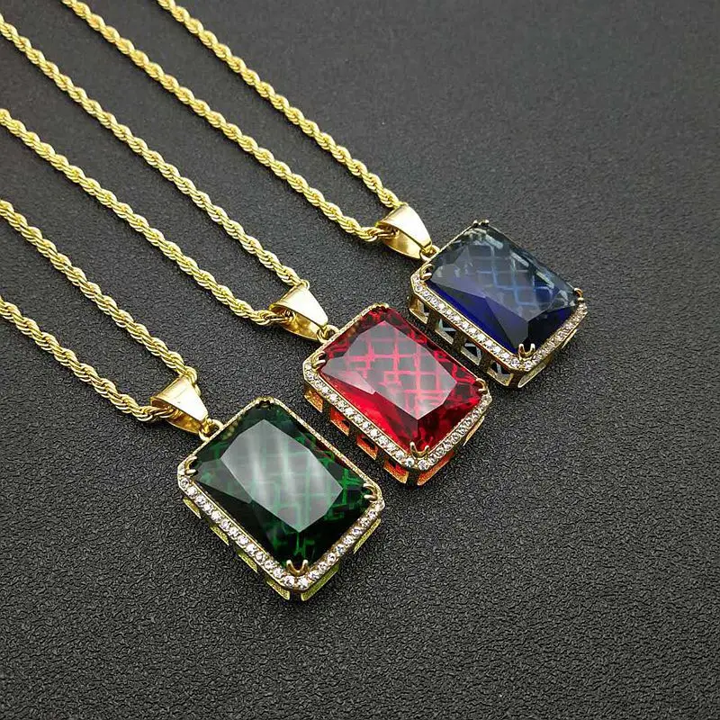 Hip Hop Bing Gold Color Stainles Steel Geometric Square Natural Stone Pendants Necklaces for Men Rapper Jewelry Gift