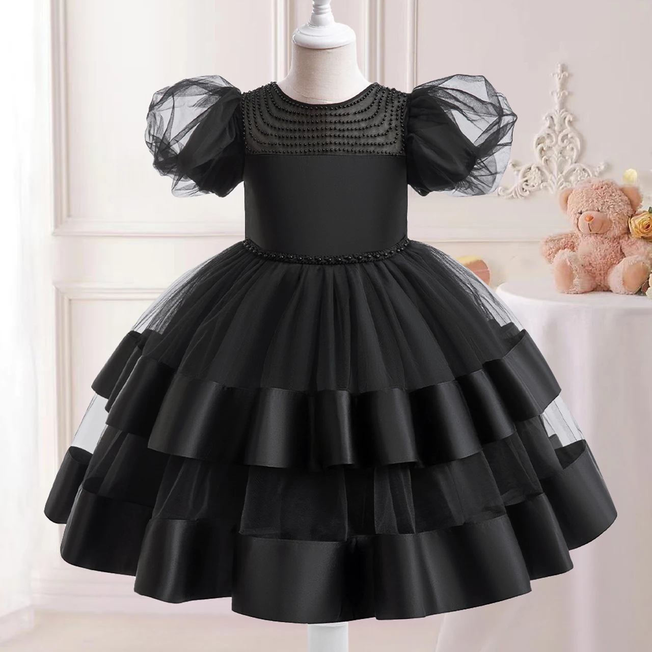 Teen Black Party Dress for Girls Fluffy Lace Birthday Princess Girl Dresses Bow Bridemaid Costume Halloween Photography Clothing