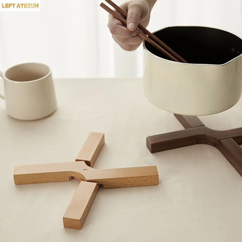 Minimal wood Creative pot mat X-type Beech Walnut detachable shrink wood placemat Easy to clean kitchen insulation matA