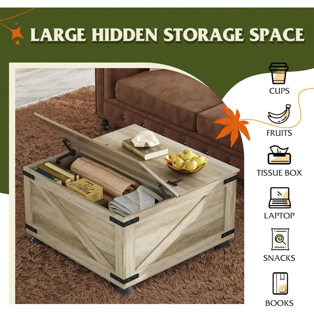 Mesa de centro quadrada de madeira com tampas articuladas e grande armazenamento oculto para móveis de sala de estar