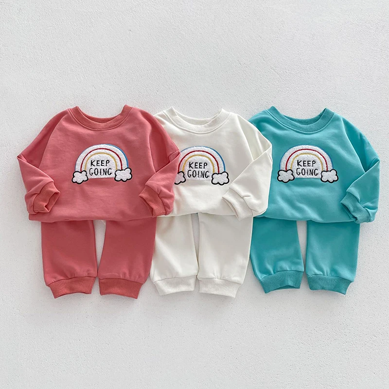 Spring Kids Baby Girls Long Sleeve Cute Rainbow T-shirt + Pants Clothing Sets Leisure Baby Girls Tracksuit Clothes Suit