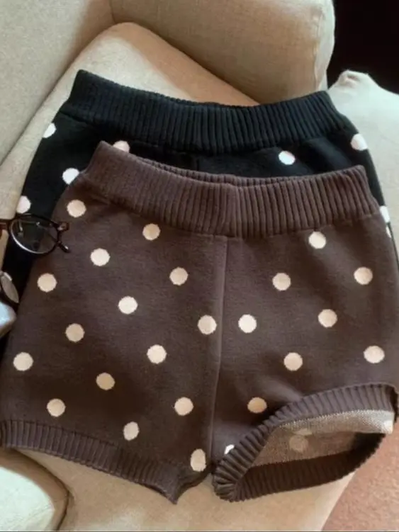 

Ретро вязаные шорты в горошек с широкими штанинами для женщин, осенне-зимние, с высокой талией, утягивающие, А-силуэт, повседневные брюки