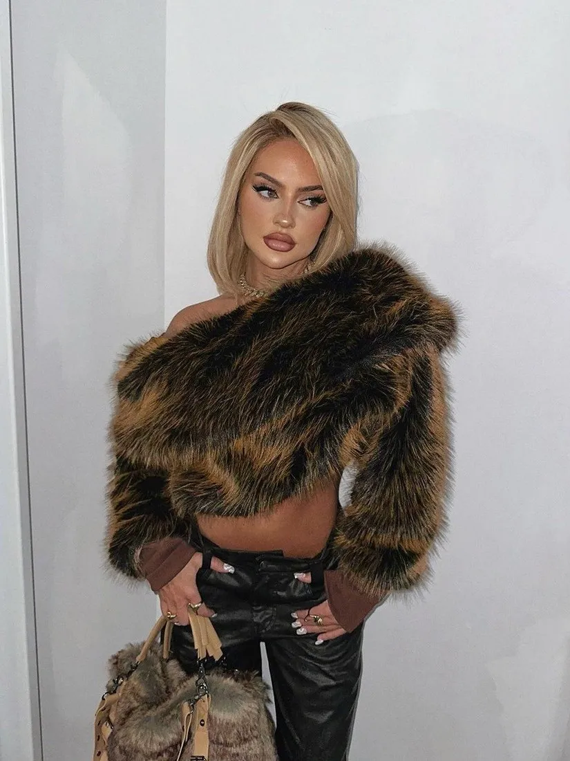 

Sexy Temperament Fur Coat Top Jaet Thiened Long Sve ort Sle Color Blo Design Tee-acetate Fiber Women's Coat