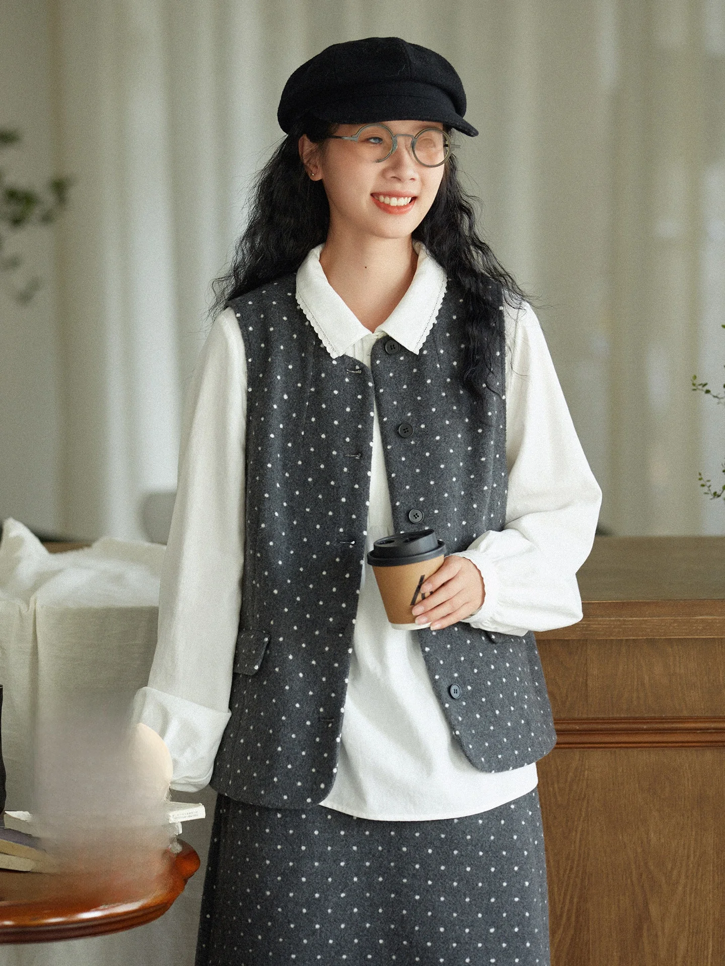 

Оригинальный женский жилет в горошек, свободный шерстяной тюре, осенняя повседневная верхняя одежда, топ для поездок на работу, круглый, стандартная длина