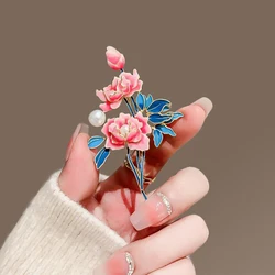 Fashion Peony Flower Brooches For Women Unisex Enamel Pearl Leaves Elegant Bouquet Plants Caual Party Pins Jewelry Gifts