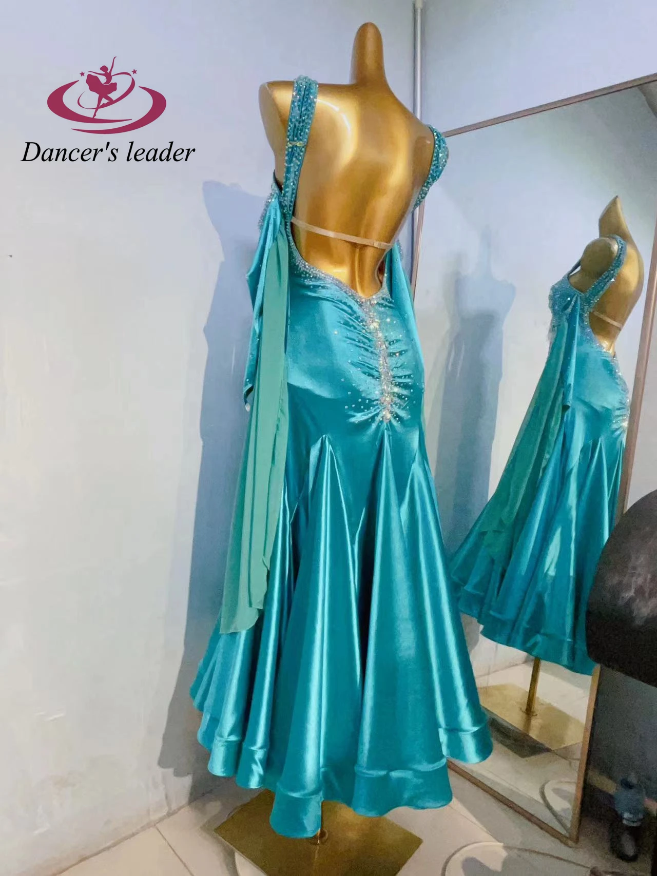 Latin Dance Competition Women's High end Customized Peacock Blue Skirt, Exactly Samba Performance Diamond Dress