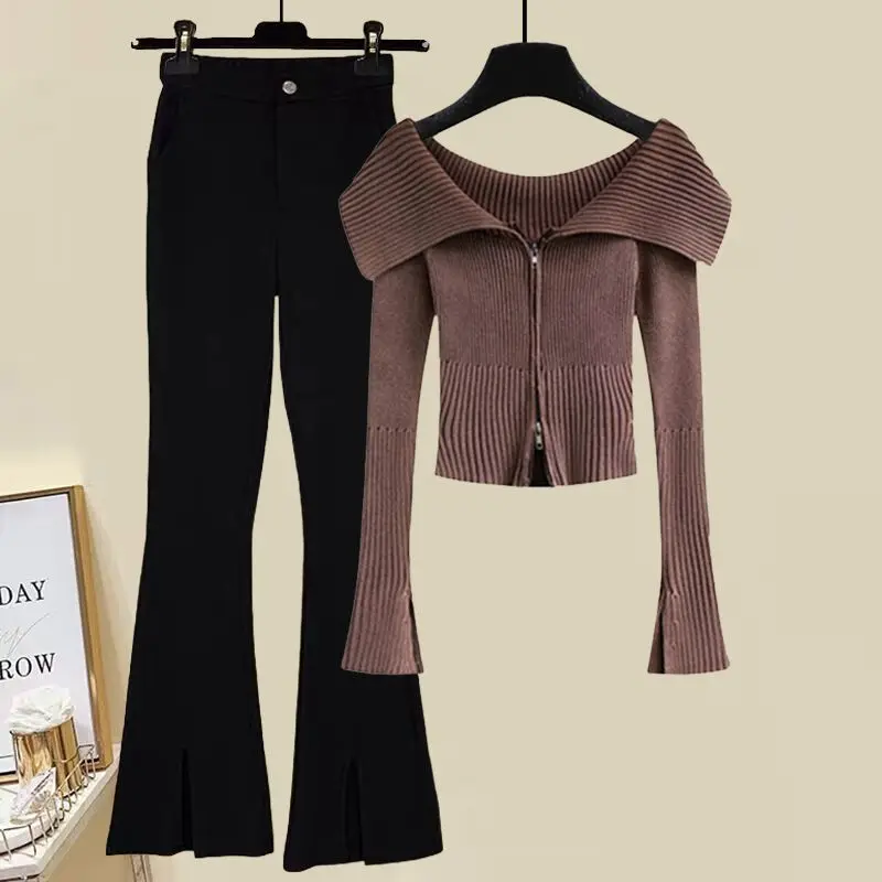 Autumn and Winter Fashion Women's Set New Korean Edition Slim Knitted Top Temperament Slim Fit Jeans Two Piece Set