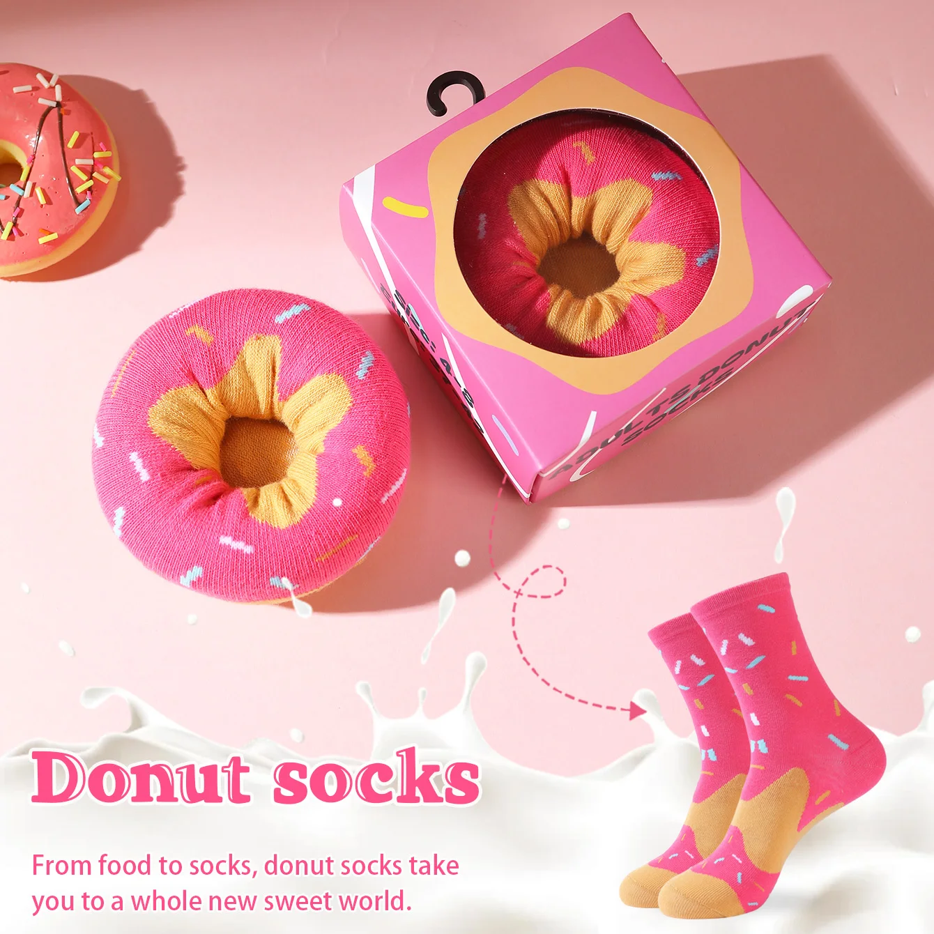 

1 Pair of Mid-Calf Socks for Men and Women, Novelty and Fun Colorful Pink Donut Gift Box Socks, European and American Fashion Trendy Style, Comfortable and Breathable, Party Casual Novelty Gift, Valentine's Day, Christmas, Santa Claus, Autumn and Winter S