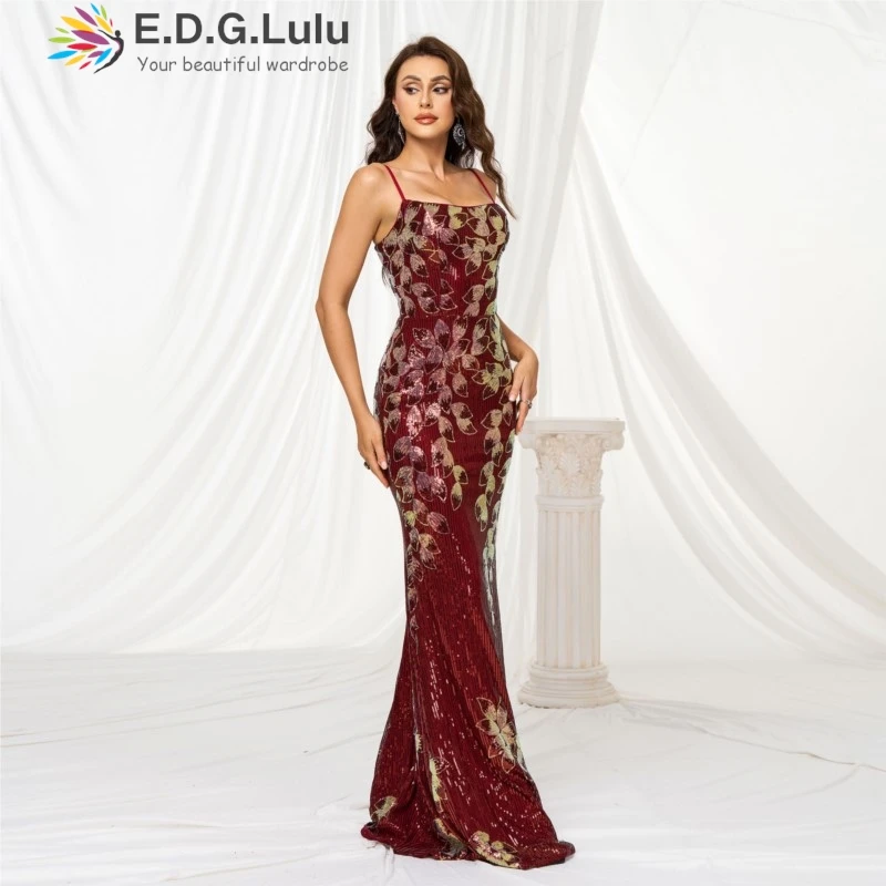 EDGLuLu Abito di lusso rosso floreale con paillettes senza maniche con colletto quadrato 2025 Abiti lunghi a sirena sexy con eleganza senza schienale 0625