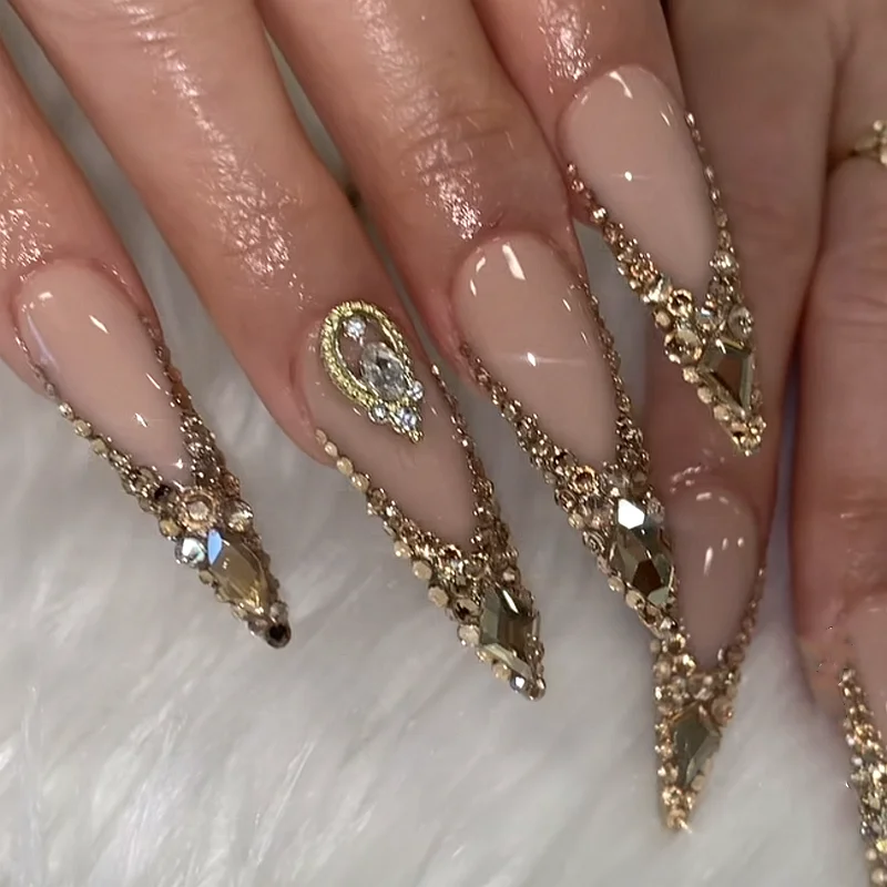 XXL Extra Long Stiletto Handmade 10PCS Bling Press On Nails Acrylic Rhinestone XL Long Square False Nails Reusable Fake Nail Tip