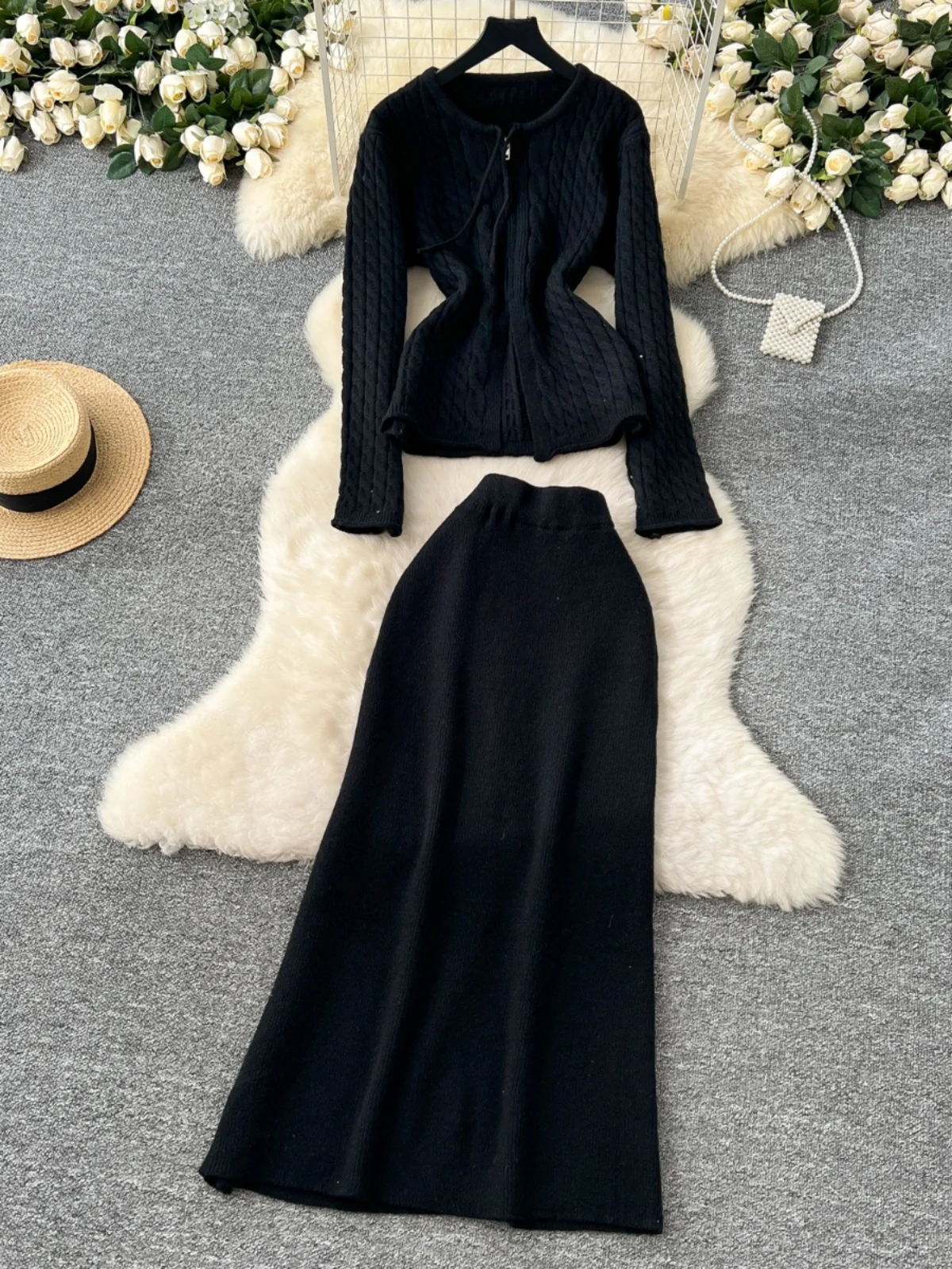 

Женский вязаный свитер, облегающая юбка с высокой талией, дизайн на молнии, осенне-зимний ансамбль Faion