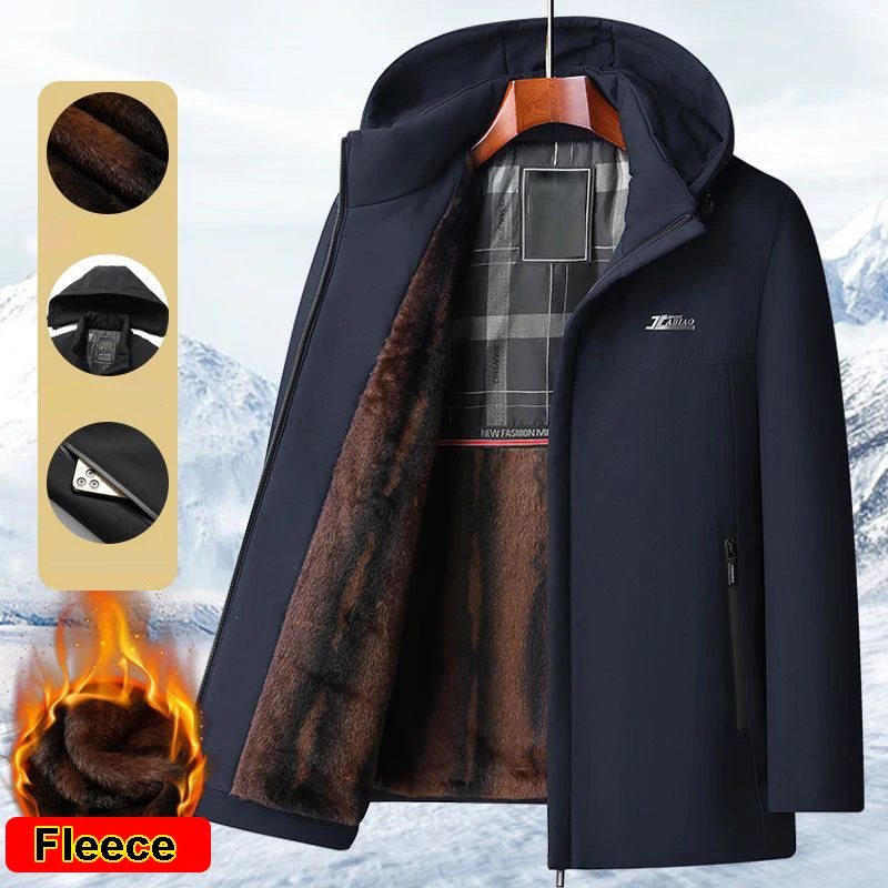 New Hooded Fleece Lining Men\'s Winter Jacket Coat Parka With Zipper Pockets Korean Winter Jackets for Men\'s Winter Coats Black