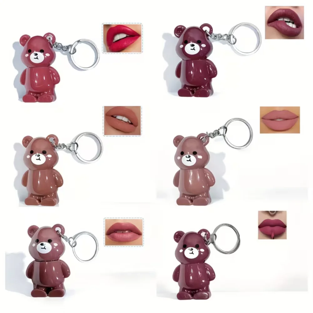 Juego de brillo de labios lindo oso y conejito, brillo de labios teñido con aceite de labios brillante con llavero, lápiz labial brillante, maquillaje para niñas, 4 Uds.