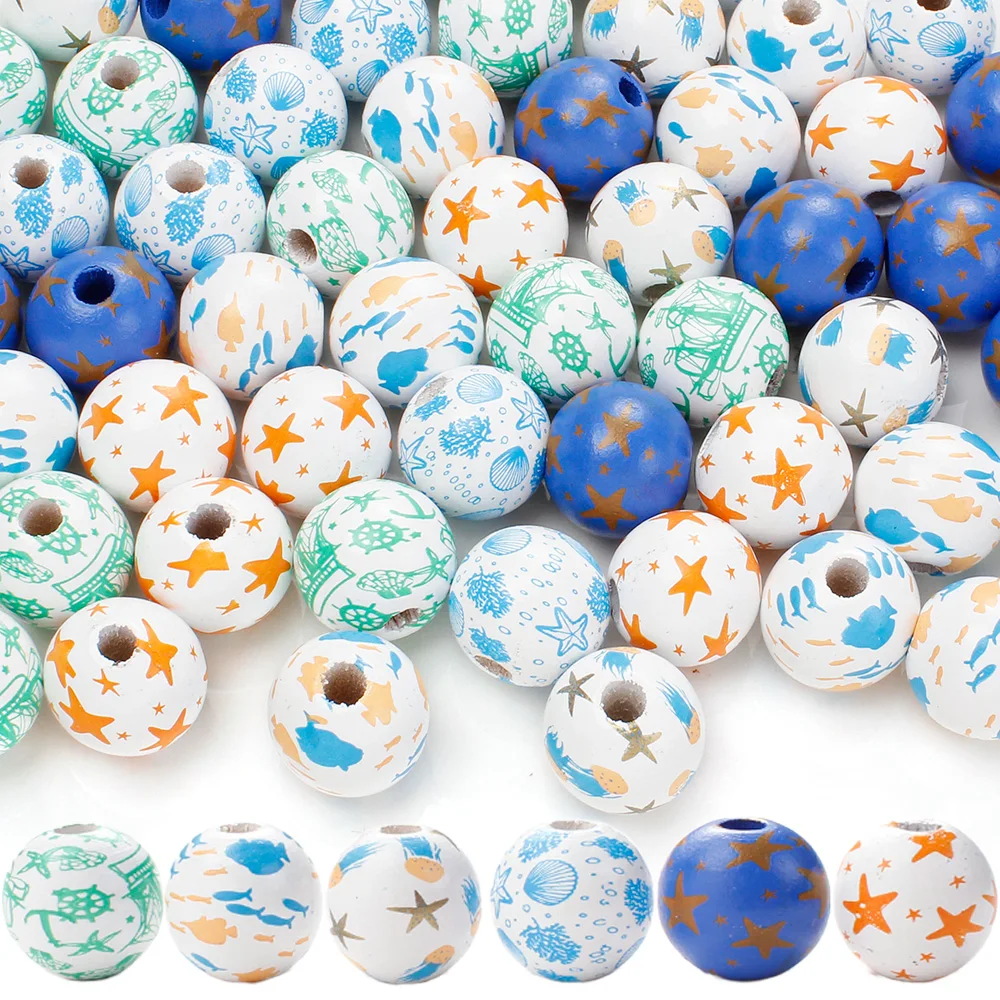 10Pcs Ocean Theme Mixed Wooden Beads 16mm Starfish Shell Print For DIY Beadable Pen Keychain Handmade Craft Jewelry Supplies