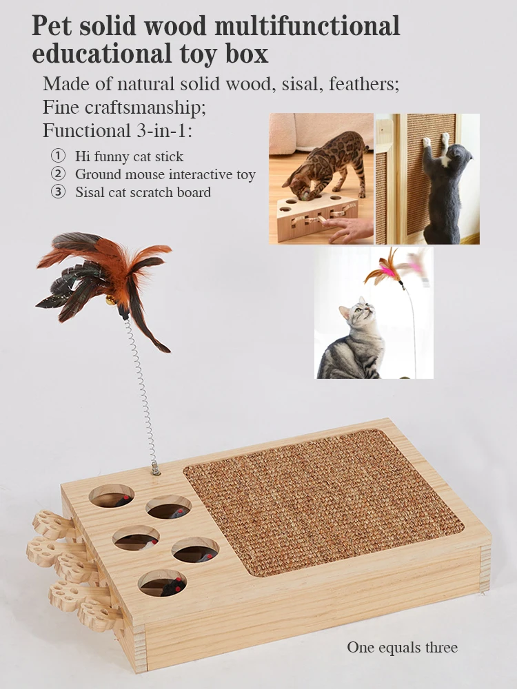 Pet solid wood educational toy box funny cat stick Ground mouse interactive Sisal scratcher scrapers Kitten supplies Accessories