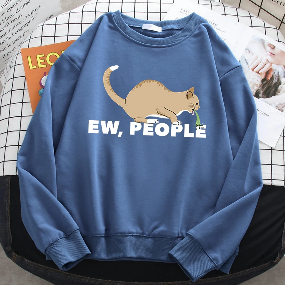 Casual Autumn Pullover For Women Ew People Funny Vomiting Cat Printing Hoodies Crewneck Loose Sweatshirt Warm Fleece Clothes