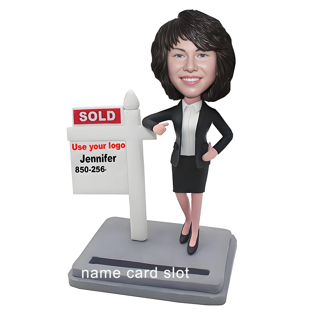 Custom Bobblehead Figurine with Name Card Slot, 'Sold' Sign and Contact Inf,Personalized Statue For Real Estate Agent Figurine