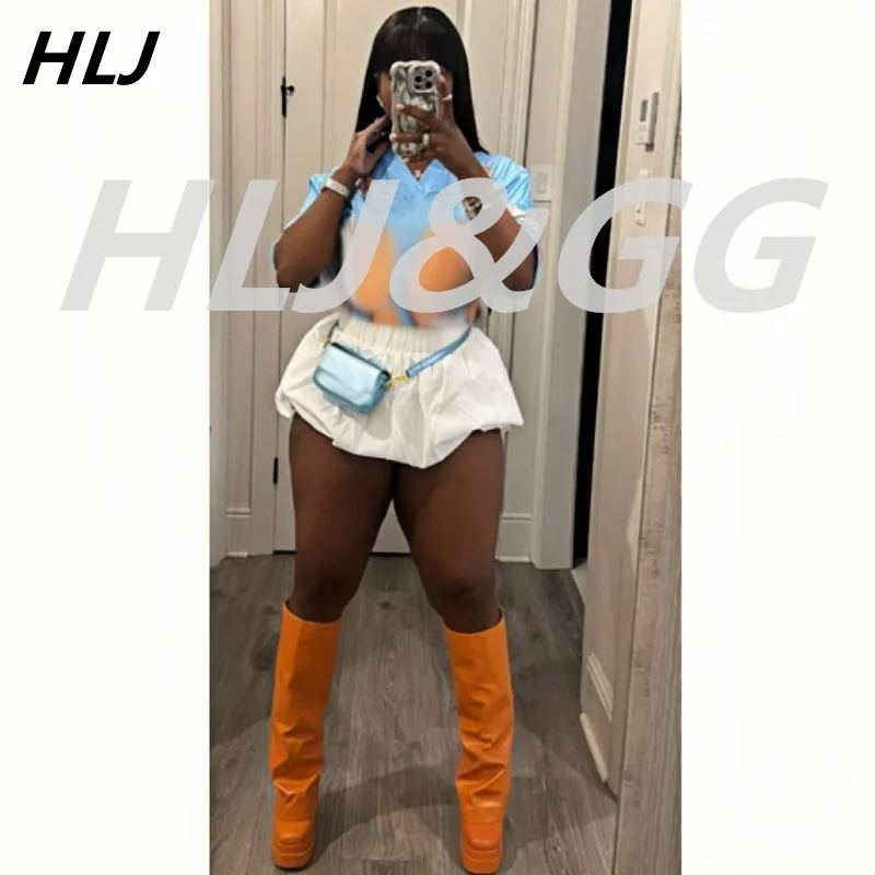 HLJ Blue Fashion Letter Print Tshirts Two Piece Sets Women V Neck Short Sleeve Loose Top And Mini Bubble Skirt Outfit Streetwear