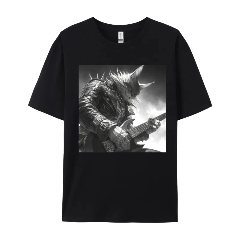 Cat Playing Guitar T-Shirt Heavy Rock Metal Thanksgiving Day Pure Cotton O-Neck Men T Shirt Harajuku Designer Clothes Men