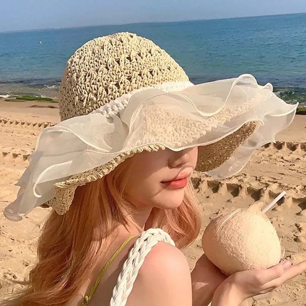 البيج المحمولة الدانتيل اللؤلؤ قبعة واقية من الشمس تنفس الجوف خارج القش النسيج قبعة للشاطئ البوليستر القطن كبير الحواف المنسوجة قبعة الصيف