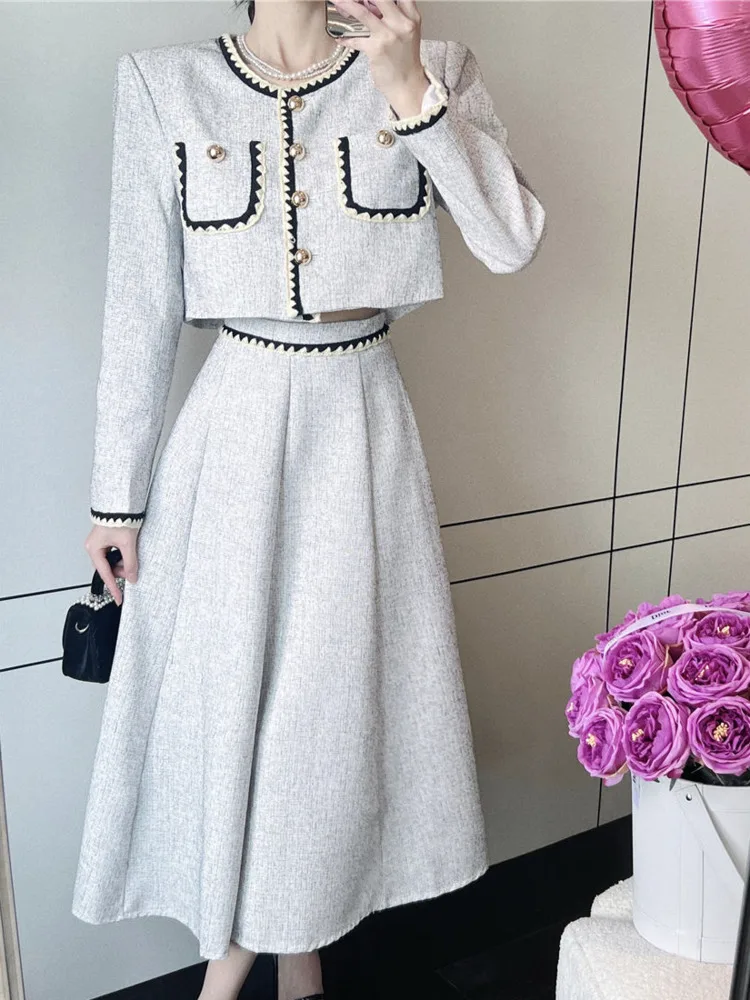 Small Fragrance Two Piece Set Women Puff Sleeve Shirt Crop Top + Pleated Long Skirt Suits Fall Winter French Vintage 2 Piece Set