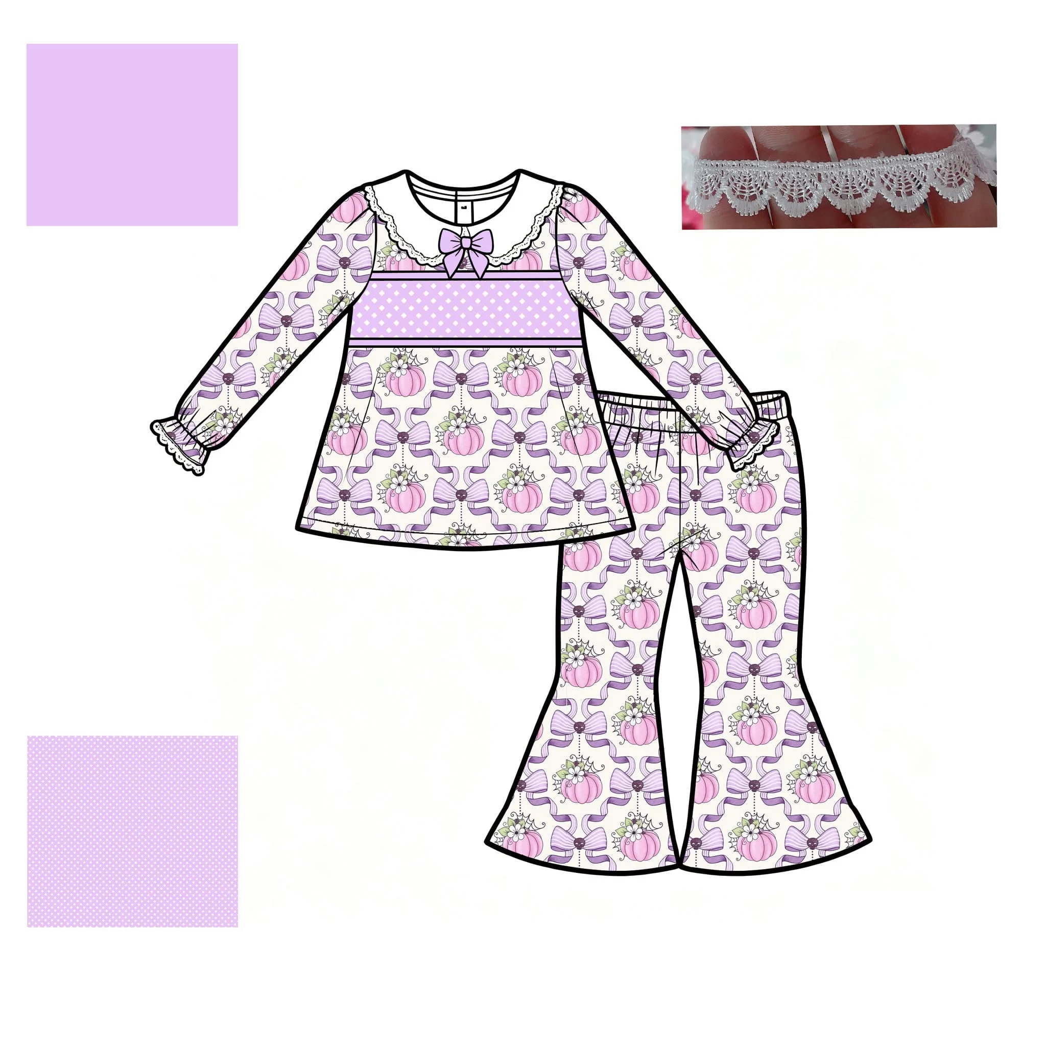 Thanksgiving Pumpkin-Print Lace-Trim Bow-Collar Long-Sleeve Top and Flare Pants Girls Autumn Boutique Set