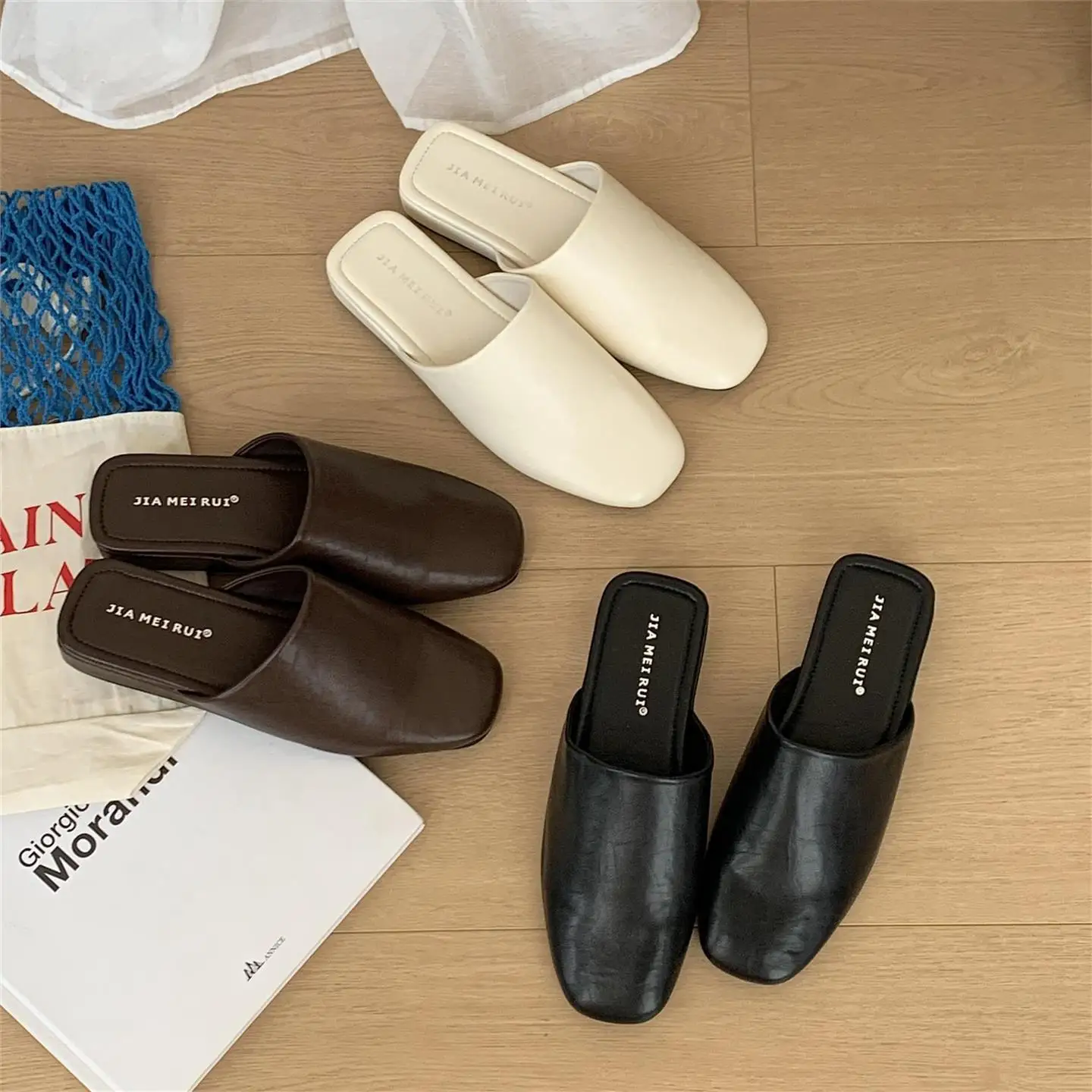 Zapatos Mule de Tacón Bajo Estilo Coreano Jia Mei Rui para Mujer, Pantuflas Semi-Abiertas, Pantuflas Mule Sencillas y Práctic...