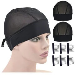 2 Pcs Headband Wig Caps Adjustable Mesh Wig Grip Cap Ice Silk Material for Making Headband Wigs with Adjustable Hook 6pcs Clips