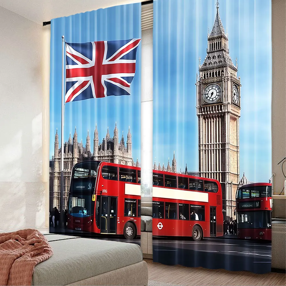 2Pcs Big Ben London Street Backdrop Curtain British Flag England Parliament House Buildings For Living Room Bedroom A