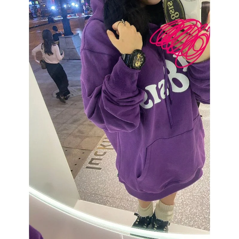 Purple Women Sweatshirt Hoodie Plush Vintage Letter Printing Long Sleeve Korean Fashion Casual Y2K Autumn Cotton Female Tops