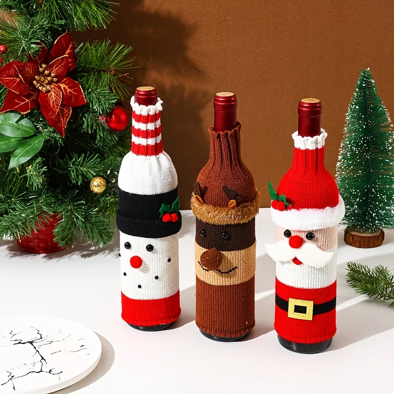 3 Styles to Choose From, Christmas Decorative Wine Bottle Covers/Wine Bottle Sleeves, Handmade DIY Knitted Material, Decorated with Santa Claus, Snowman, Reindeer, Etc., Suitable for Christmas Eve, First Christmas Decorations, and Creating a Festive Atmosphere in Hotels and Restaurants during Christmas