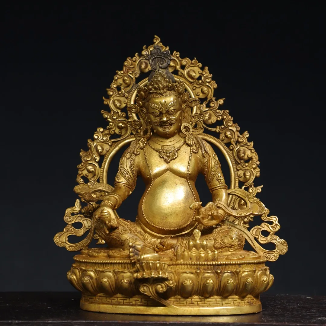 

12"Tibetan Temple Collection Old Bronze Gilded Mud gold Backlight Sitting Buddha Yellow Jambhala Buddha Worship Hall Town house