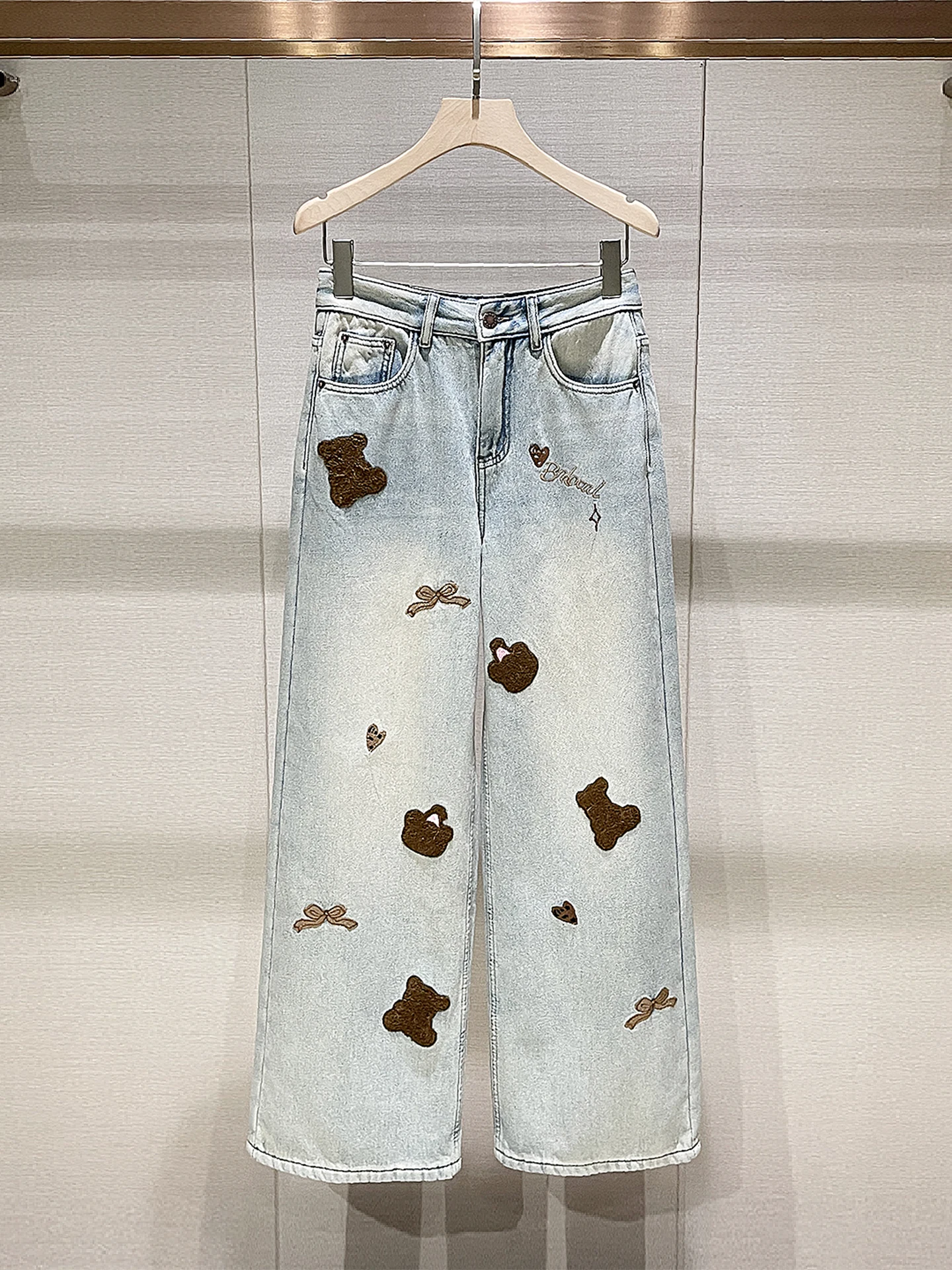 

Exquisite Embroidery High Waist Thiened Blue Straight Leg Jeans Women's Long Pants Spring New Sle Casual Comfortable Fit