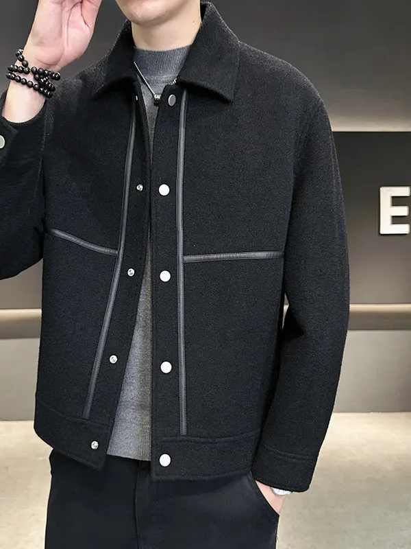 

High Quali Thiened Woolen Men's Jaet Autumn Winter Faionable Turn-down Collar Warm Outerwear Youthful Polyester Nylon