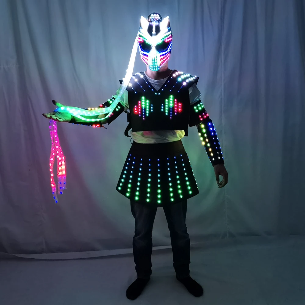 Full Color Women\'s LED Robot Suit Costume Traje LED Lights Luminous Skirt Dress Jacket Performance Wear Helmet