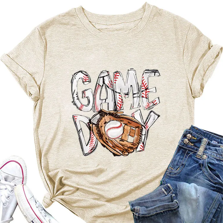 Stylish loose game day baseball glove printed T-shirt Summer crew-neck short-sleeved casual top women's all-match pullover