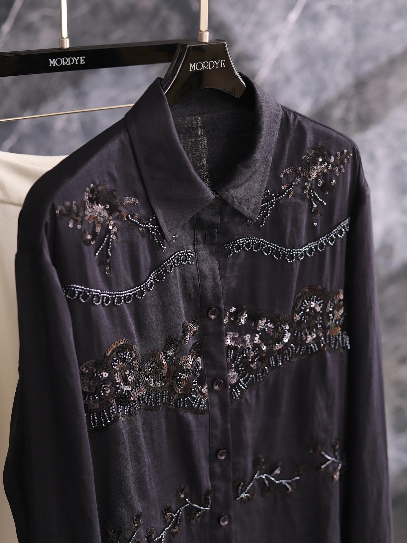 

Elegant Loose Fit Long Sleeve Shirt in Dark Blue Embroidered with Precise Beads Straight Cut French Style Women's Summer Top