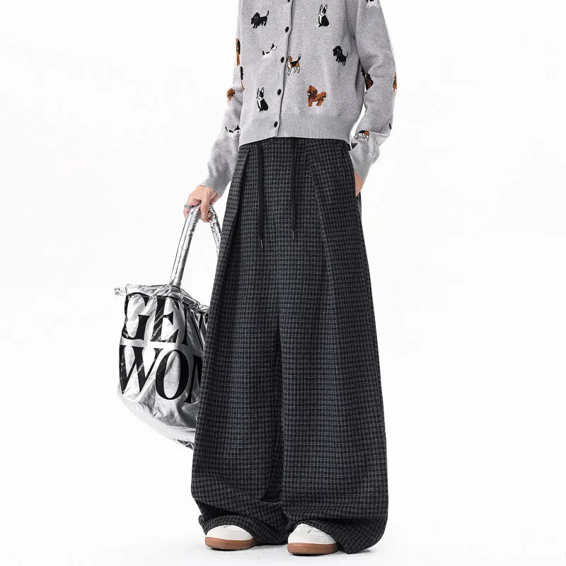 

Thiened Woolen Plaid Straight Leg Casual Pants Men's Autumn Winter High Waist Loose Fit Casual Trousers Classic Che Pattern