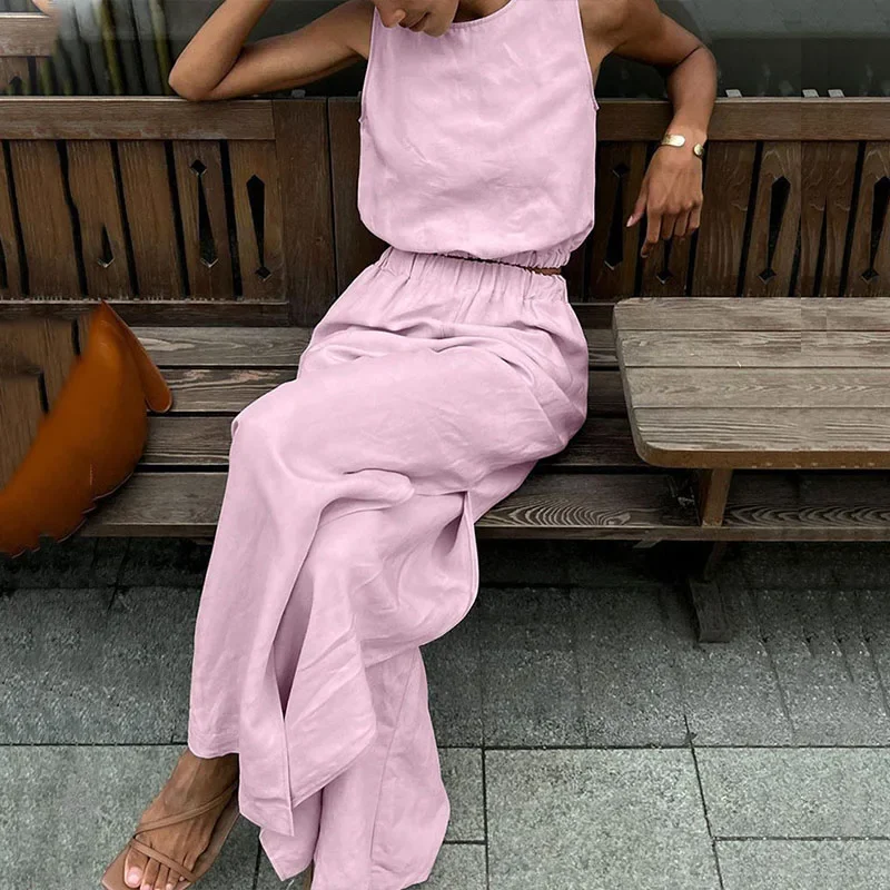 

Casual Sleeveless Cotton Linen Suit Fashion O-neck Pullover & Split Pant Outfits Women Elegant Elastic Waist Solid Loose 2Pc Set