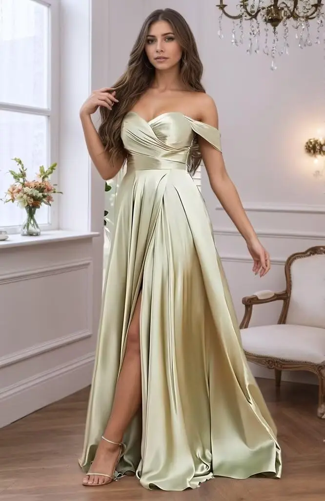Vestidos largos de dama de honor de satén para mujer con hombros descubiertos hasta el suelo vestido de fiesta de graduación