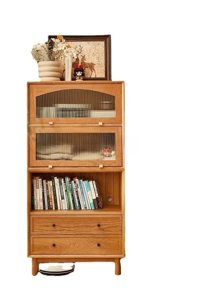 

LFull solid wood short bookcase cherry wood Japanese glass door building block combination lattice cabinet