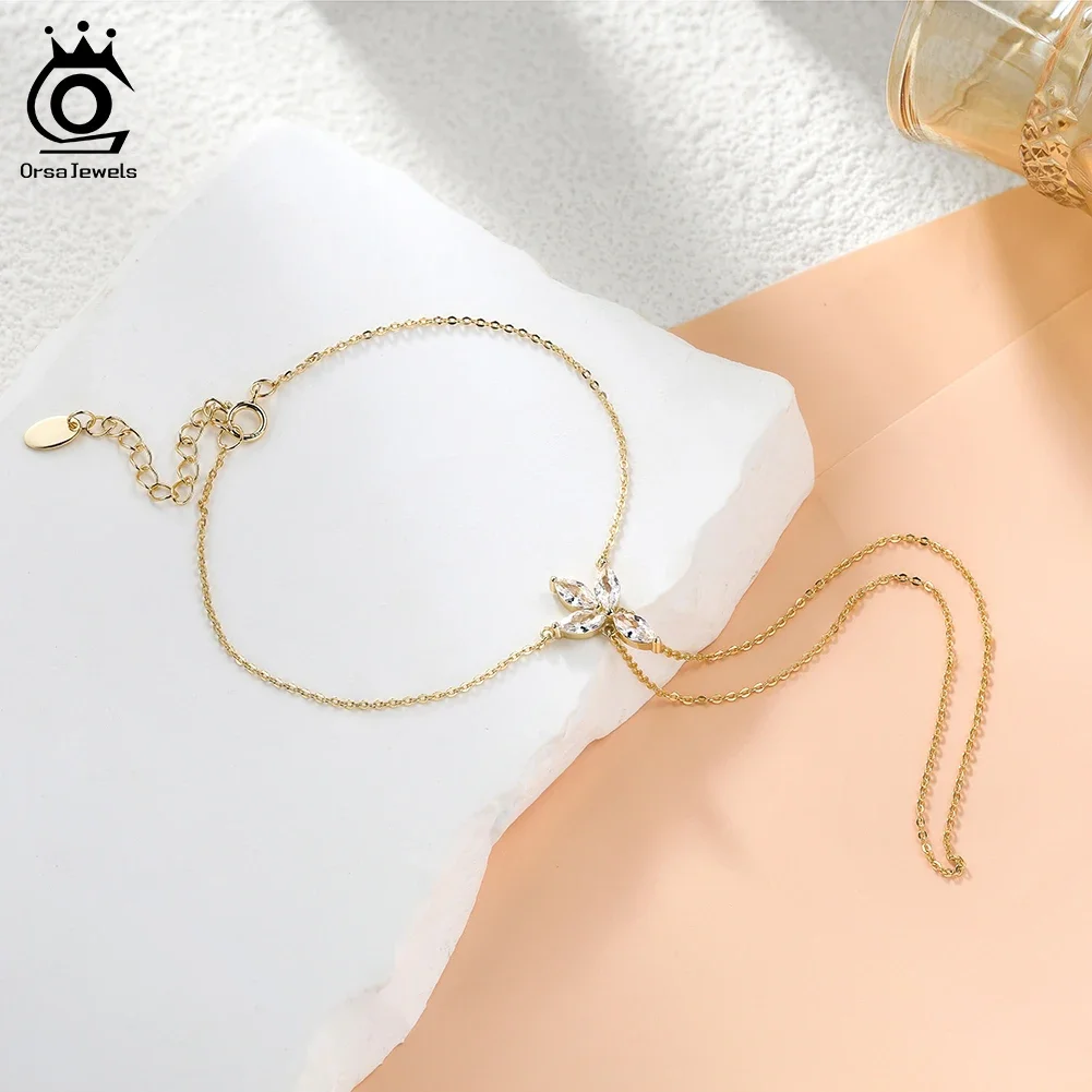 ORSA JEWELS 925 Sterling Silver Hand Chain Ring Bracelet for Women Party Shiny Cubic Zirconia Link Chain Bracelet Jewelry APV01
