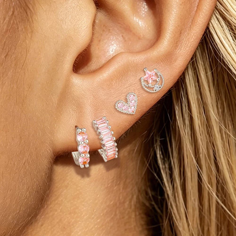 4PCS/8PCS Stainless Steel Pink Cubic Zirconia Huggie Earring Set For Women Star Heart Cartilage Stud Hoop Piercing Jewelry Gift