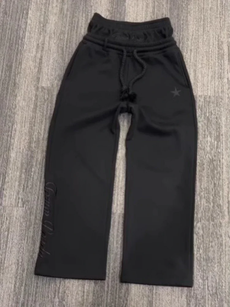 Y2k Harajuku Double Waisted Sweatpants Men Women High Street Pants False Two Pants Embroidery Loose Drawstring Wide-leg Pants