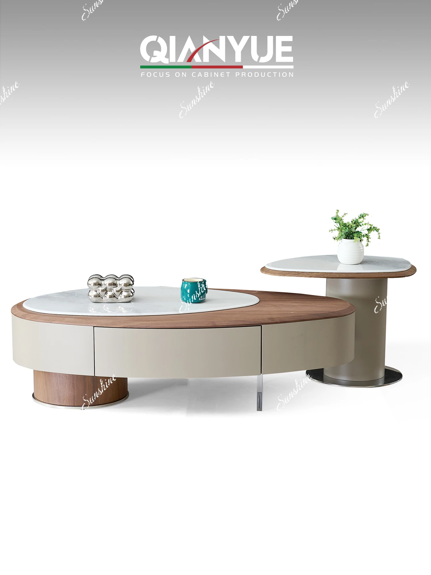 Living room, coffee table, combination design, high-end Italian minimalist oval microcrystalline stone high-end