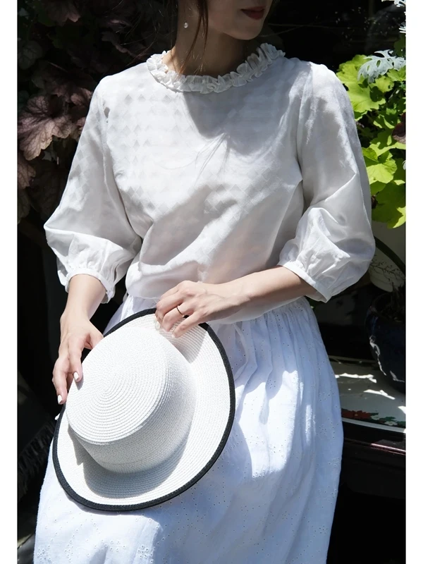 

Summer Lightweight Thin Silk Cotton round Neck Drawstring Seven Sleeve Tops Sartoria Kui Commute Style Loose Fit Women's...