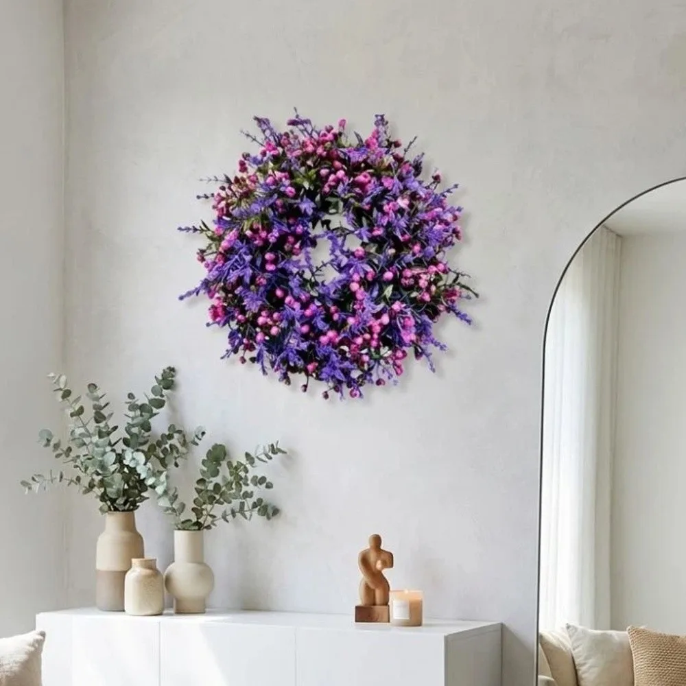 Plastic Artificial Lavender Wreath Lifelike Simulated Plant Lavender Floral Wreath Handmade Faux Flowers Fake Flower Wreath