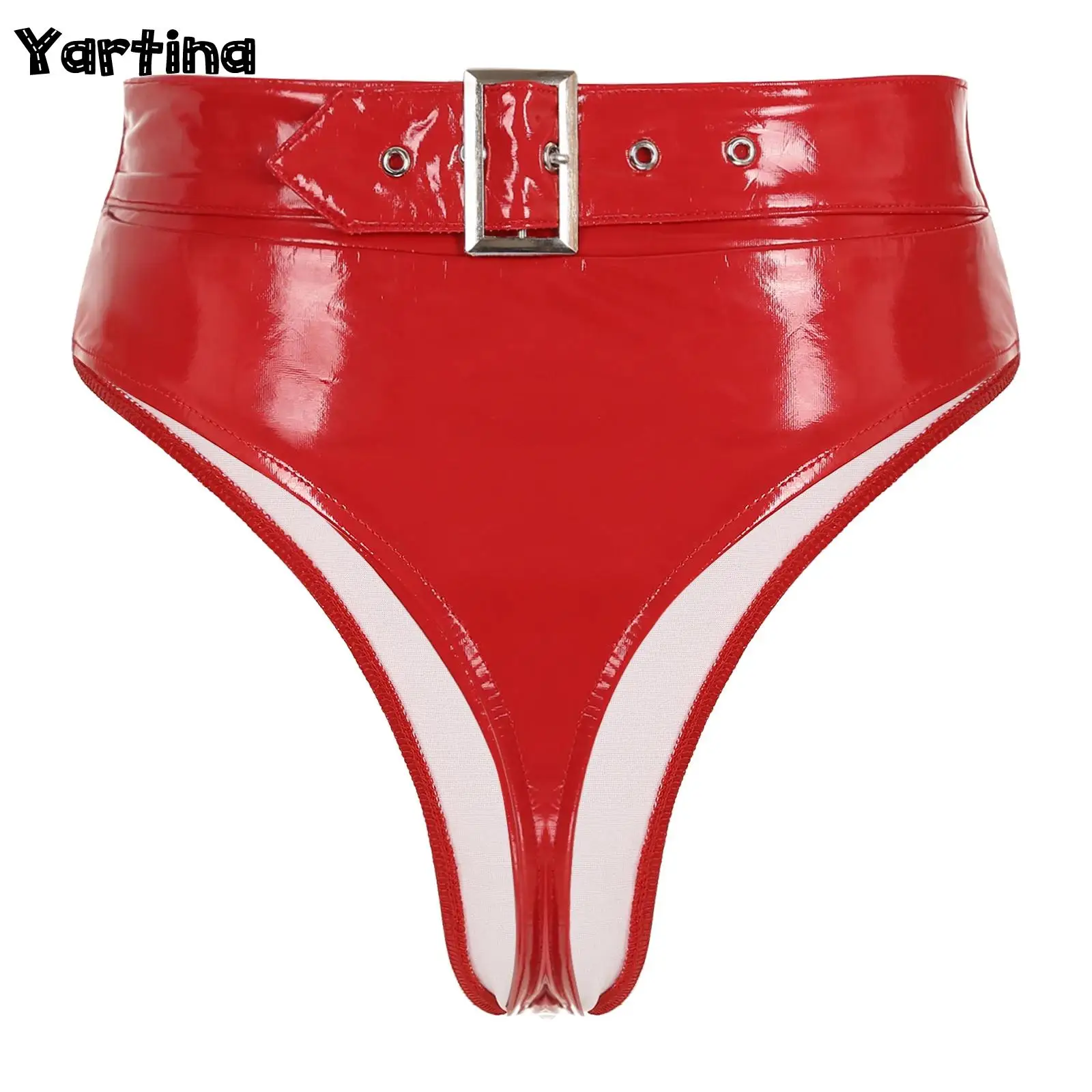 Womens Adult Sexy Thong Latex Panties Lingerie Wet Look Patent Leather Briefs Underwear Buckle Belted Pole Dance PVC Panties