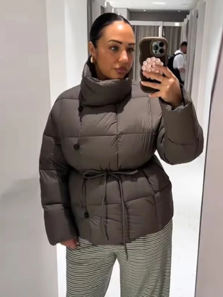 Winter Commute Street Outwears Women Solid Lace Up Cotton Coat Fashion Lapel Long Sleeve Warm Pocket Loose Short Coats New Lady